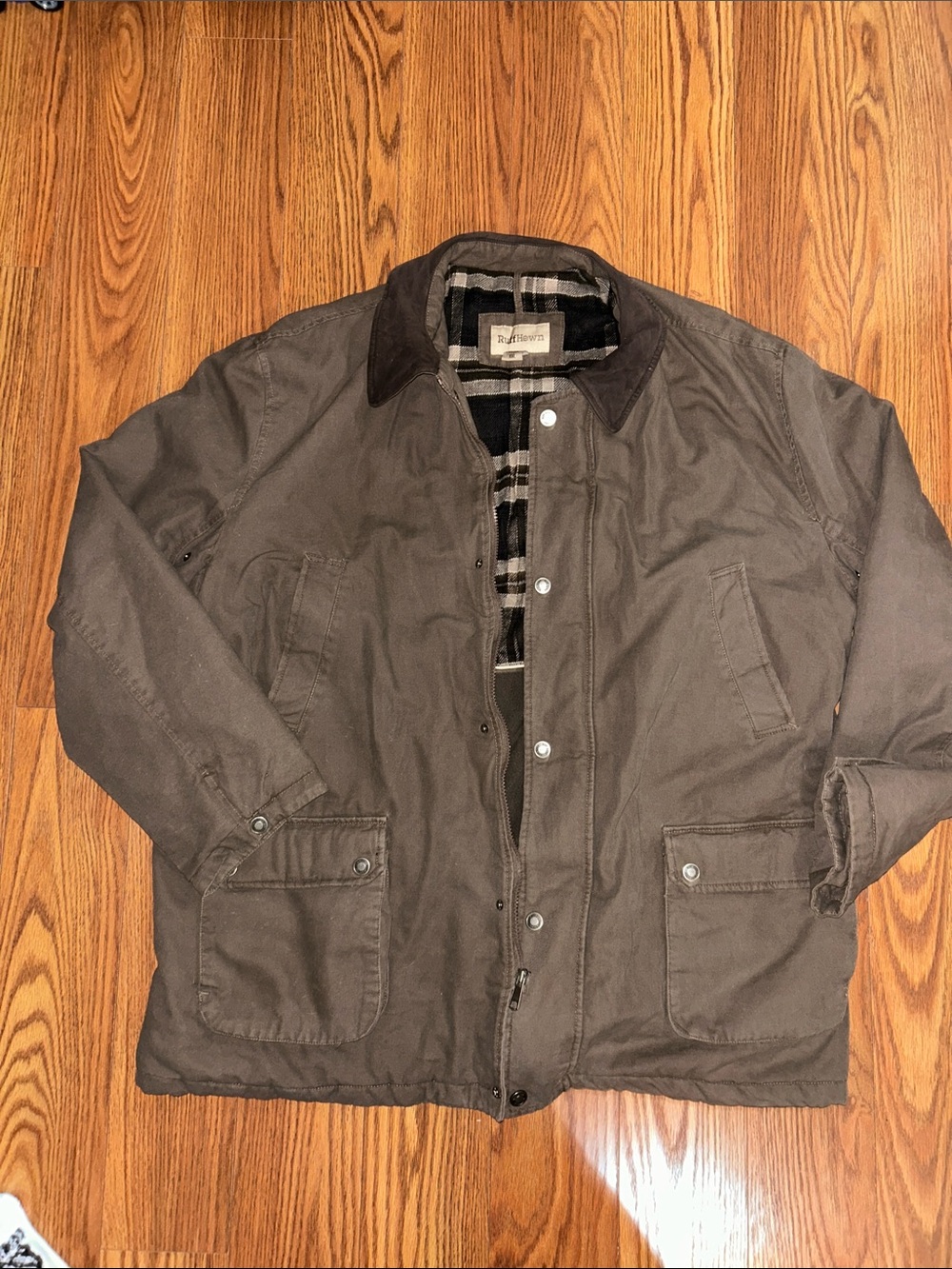 Vintage Ruff Hewn Leather Collar Flannel Lined Barn Chore Coat 8 Pockets XXL
